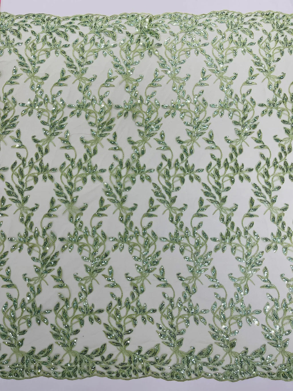 Metallic Thread Leaf Design - Sage Green - Embroidered Leaf With Sequins Design on Mesh Lace Fabric by the Yard