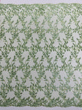 Metallic Thread Leaf Design - Sage Green - Embroidered Leaf With Sequins Design on Mesh Lace Fabric by the Yard