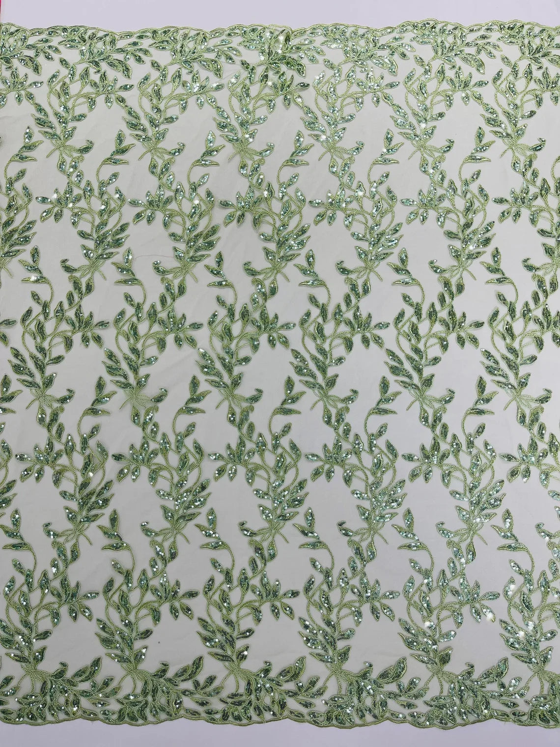 Metallic Thread Leaf Design - Sage Green - Embroidered Leaf With Sequins Design on Mesh Lace Fabric by the Yard