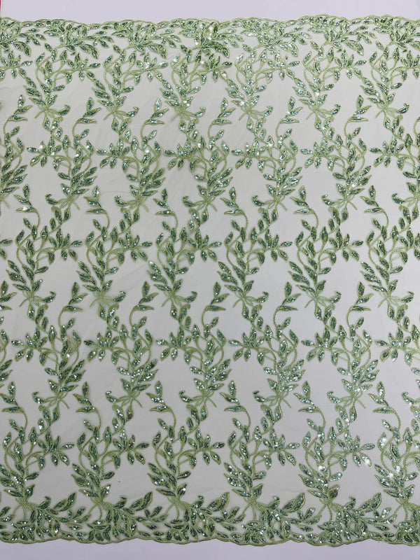 Metallic Thread Leaf Design - Sage Green - Embroidered Leaf With Sequins Design on Mesh Lace Fabric by the Yard