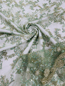 Floral Sequins Lace Fabric - Sage Green - Embroidery Flower Clusters Design with Shiny Sequins  Fabric Sold By Yard