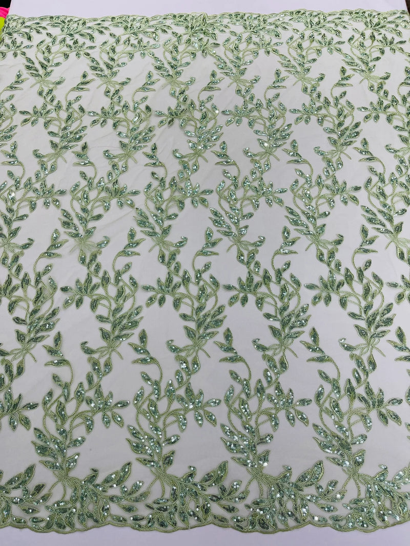 Metallic Thread Leaf Design - Sage Green - Embroidered Leaf With Sequins Design on Mesh Lace Fabric by the Yard