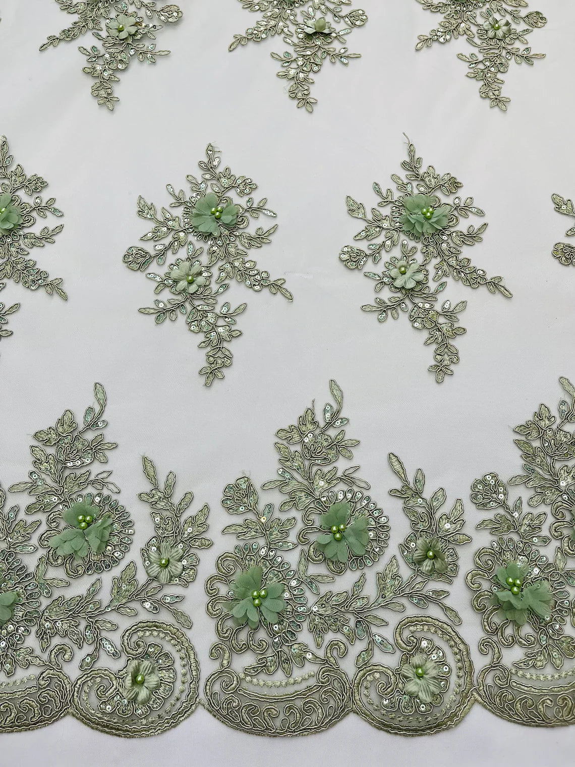 3D Floral Fabric with Floral Border - Sage Green - Embroidered Floral Fabric with Sequin and Beads By Yard
