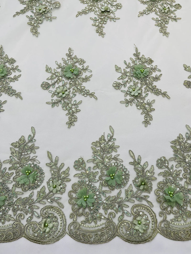 3D Floral Fabric with Floral Border - Sage Green - Embroidered Floral Fabric with Sequin and Beads By Yard