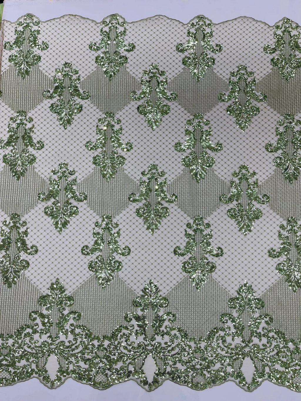 King Damask Design Fabric - Sage Green - Embroidered Corded Mesh Lace Fabric with Sequins By Yard