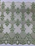 King Damask Design Fabric - Sage Green - Embroidered Corded Mesh Lace Fabric with Sequins By Yard