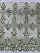 King Damask Design Fabric - Sage Green - Embroidered Corded Mesh Lace Fabric with Sequins By Yard