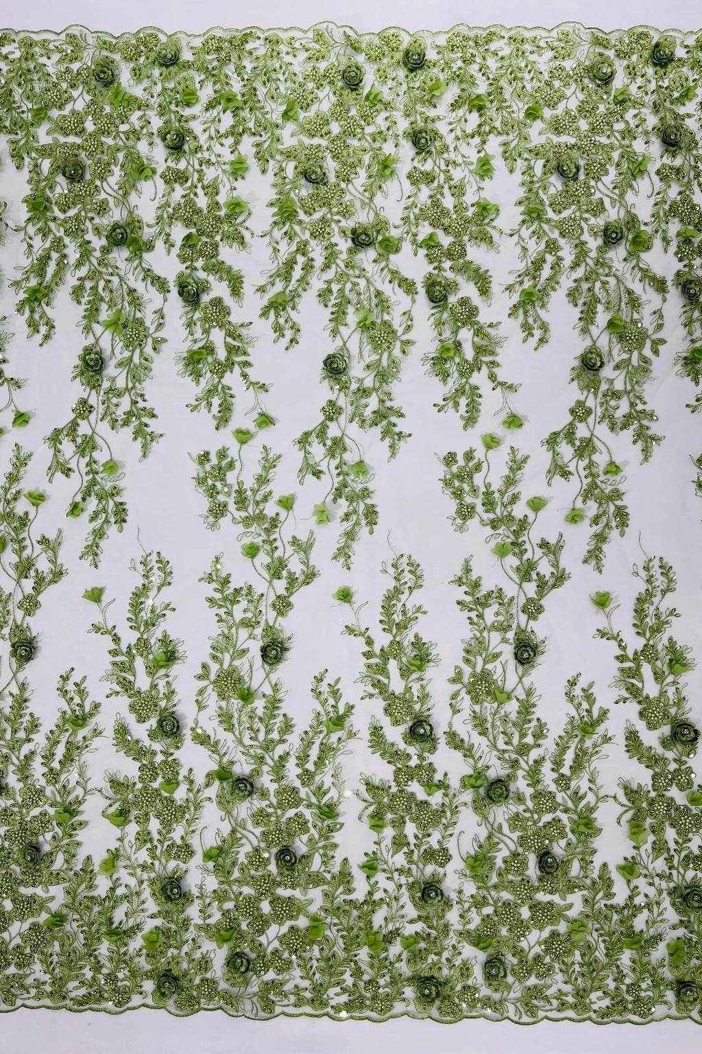 3D Flower Rhinestone Design - Sage Green - Embroidered Flower Sequins Lace Fabric By Yard