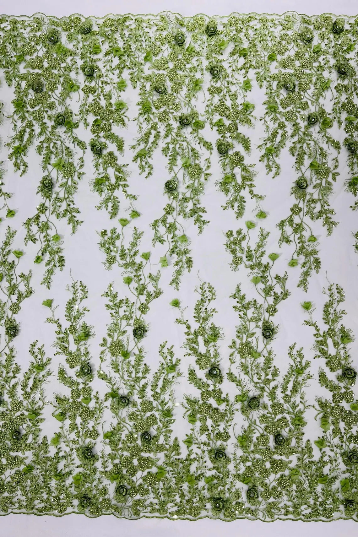 3D Flower Rhinestone Design - Sage Green - Embroidered Flower Sequins Lace Fabric By Yard