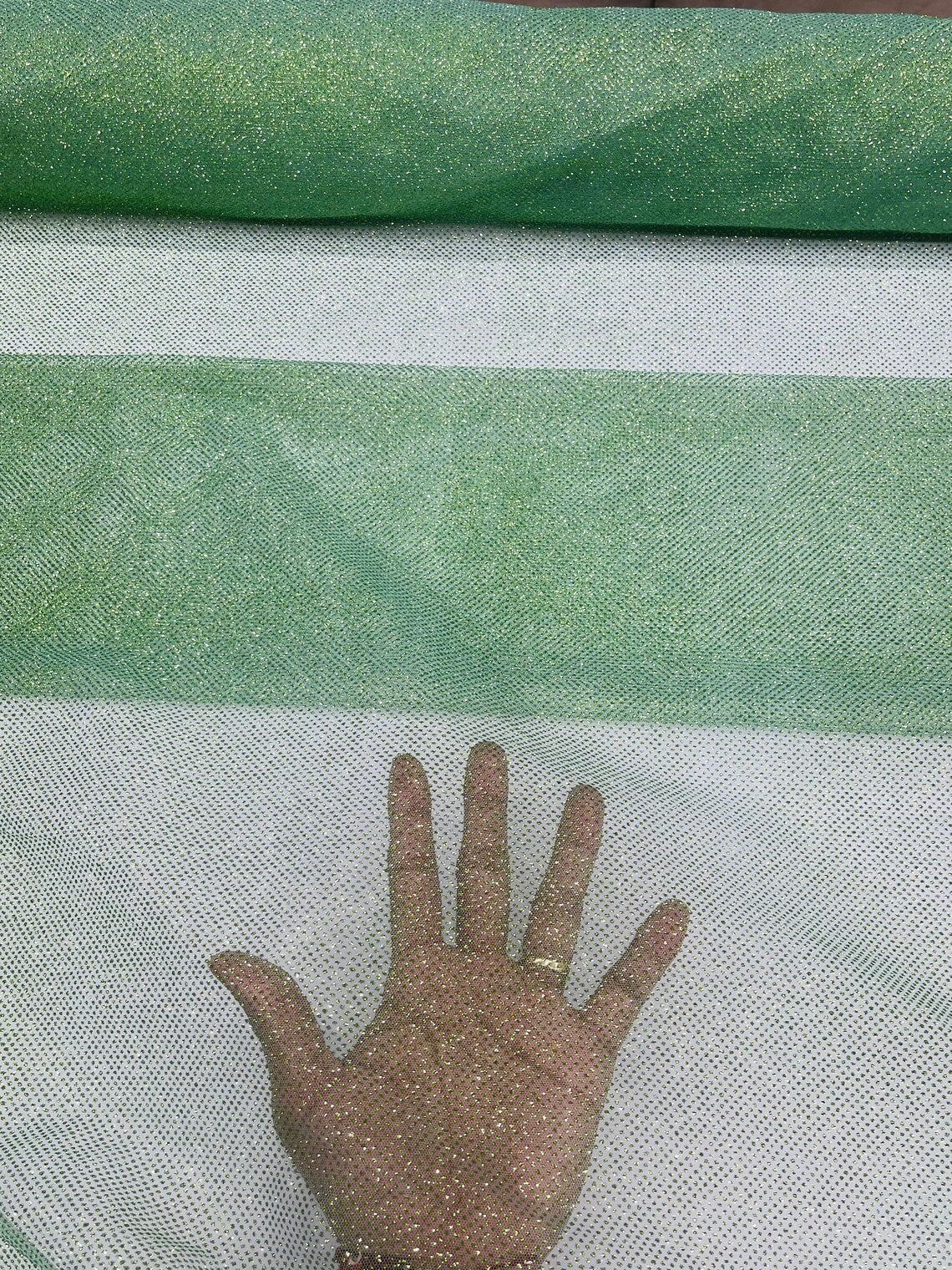 Shimmer Glitter Mesh Fabric - Sage Green - Shiny Glitter Dots Design on Lace Mesh Sold By Yard