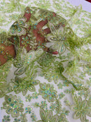 Corded Lace Floral Fabric - Sage Green - Hologram Sequins Metallic Thread Floral Fabric by Yard