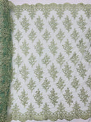 Sage Green Floral Lace Fabric - by the yard - Corded Flower Embroidery Design With Sequins on a Mesh