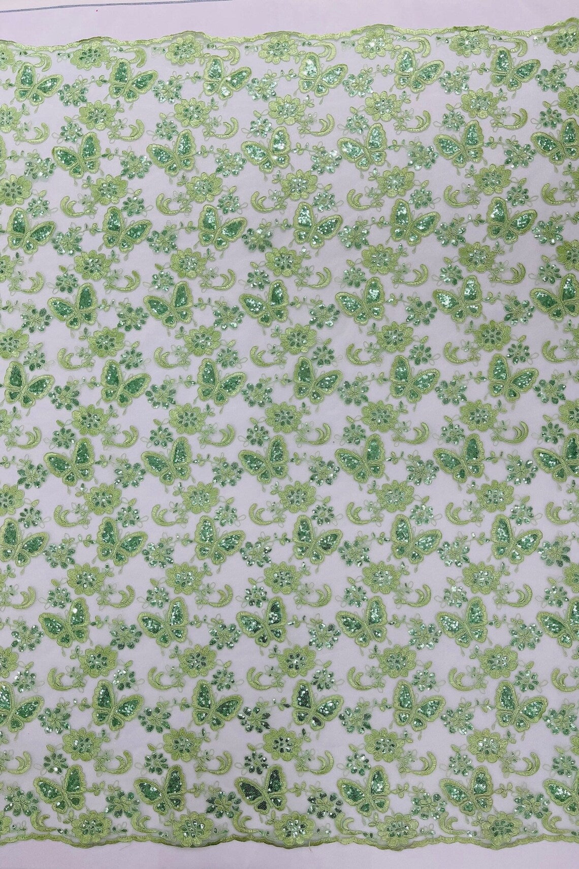 Butterfly Sequins Fabric - Sage Green - Metallic Floral Butterfly Design on Lace Fabric By Yard