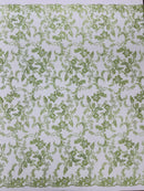 Floral Metallic Lace Fabric - Sage Green - Corded Embroidered Floral Sequins Fabric by Yard
