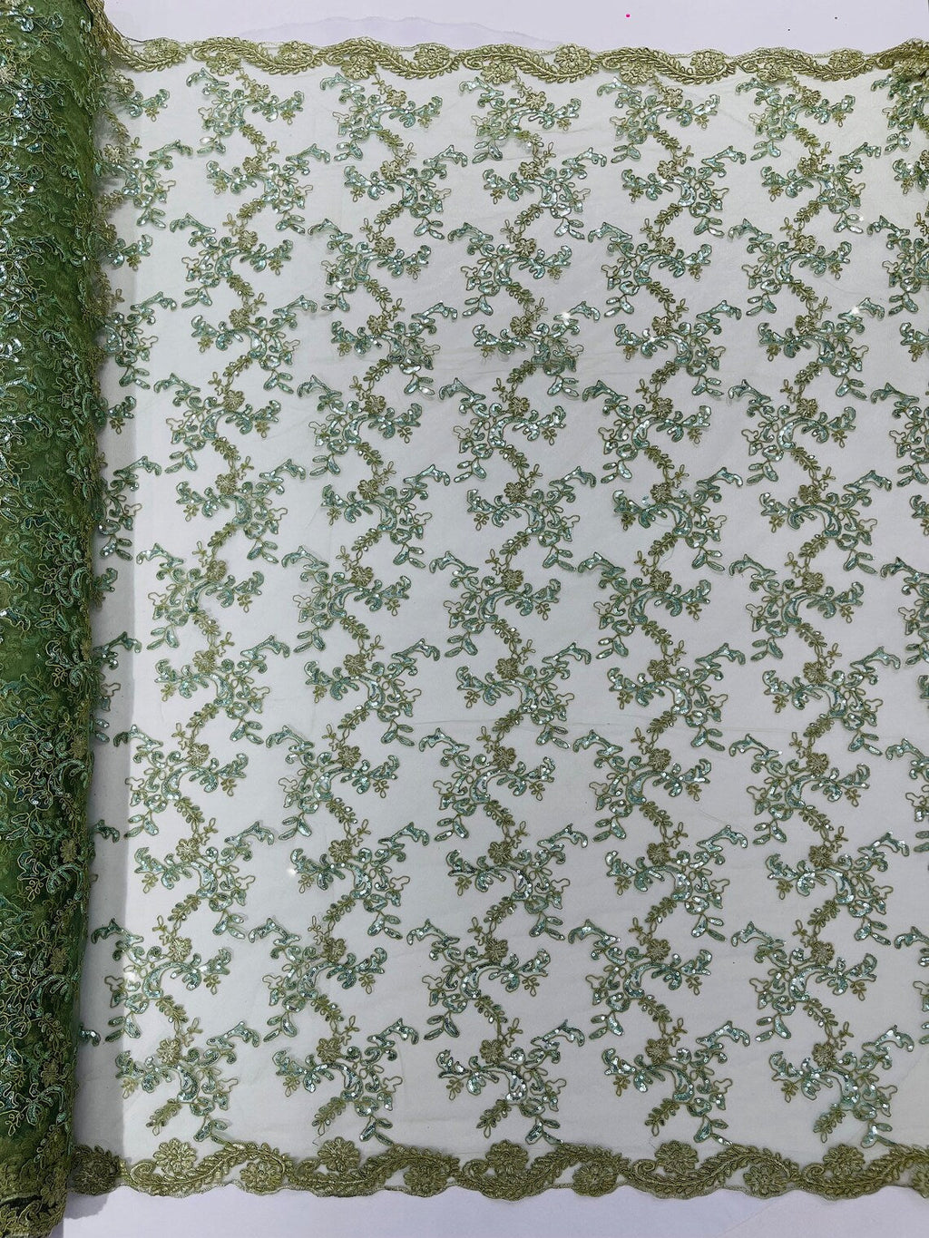 Floral Sequins Lace Fabric - Sage Green - Embroidery Flower Clusters Design with Shiny Sequins  Fabric Sold By Yard