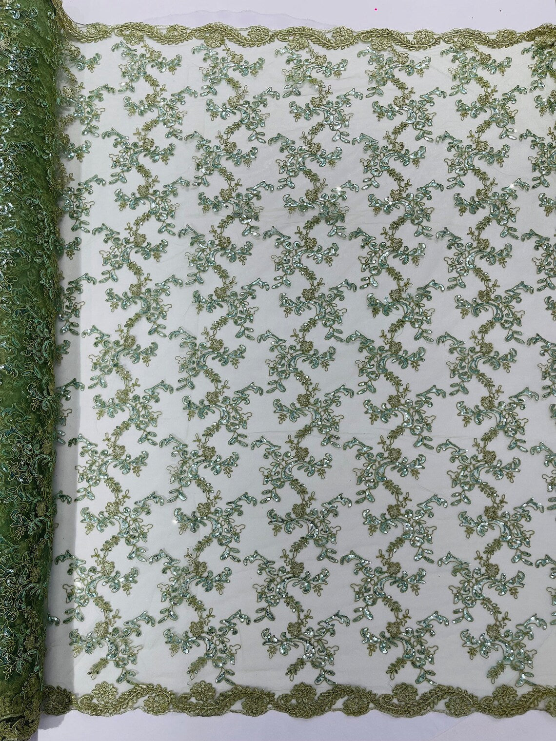 Floral Sequins Lace Fabric - Sage Green - Embroidery Flower Clusters Design with Shiny Sequins  Fabric Sold By Yard