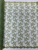 Floral Sequins Lace Fabric - Sage Green - Embroidery Flower Clusters Design with Shiny Sequins  Fabric Sold By Yard