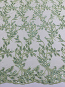 Metallic Thread Leaf Design - Sage Green - Embroidered Leaf With Sequins Design on Mesh Lace Fabric by the Yard
