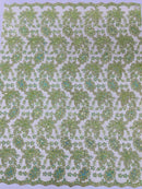 Corded Lace Floral Fabric - Sage Green - Hologram Sequins Metallic Thread Floral Fabric by Yard