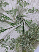 King Damask Design Fabric - Sage Green - Embroidered Corded Mesh Lace Fabric with Sequins By Yard