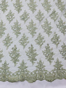 Sage Green Floral Lace Fabric - by the yard - Corded Flower Embroidery Design With Sequins on a Mesh