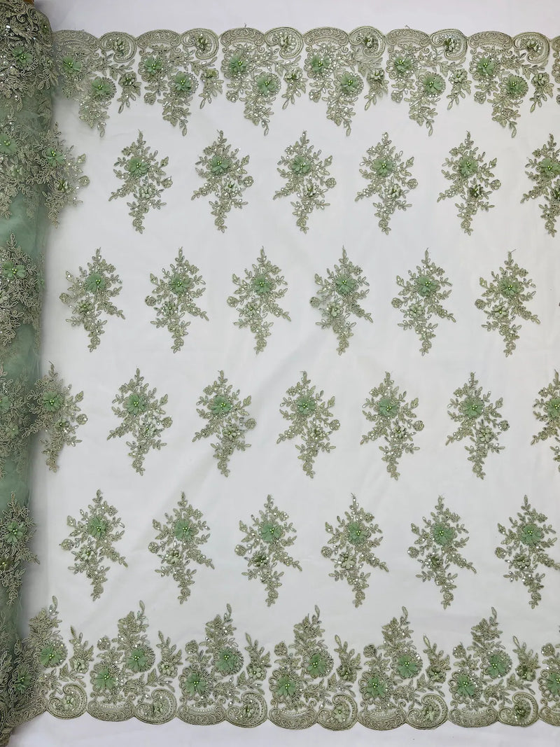 3D Floral Fabric with Floral Border - Sage Green - Embroidered Floral Fabric with Sequin and Beads By Yard