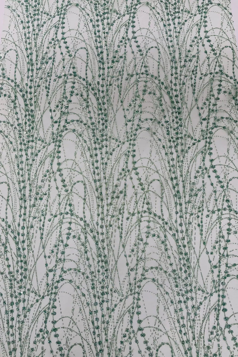 Tulle Glitter Fancy Line Fabric - Sage Green - Tulle Fabric with Sparkle Glitter Design Sold By Yard