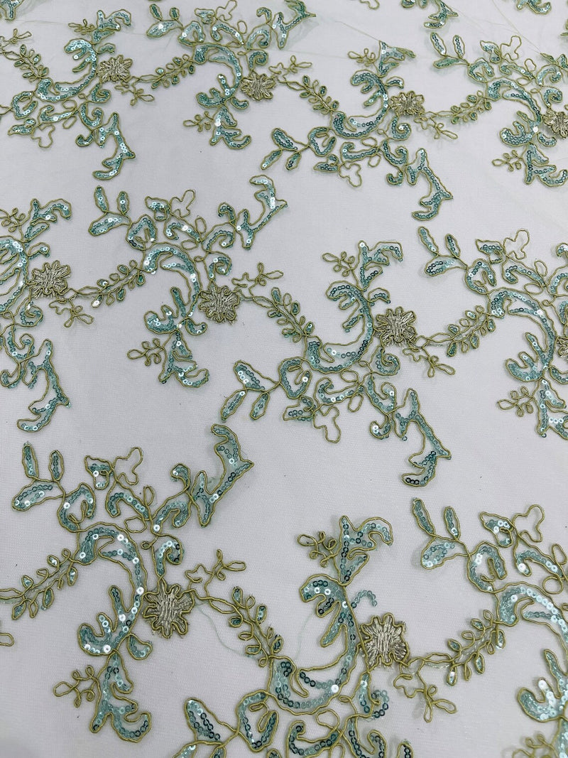 Floral Sequins Lace Fabric - Sage Green - Embroidery Flower Clusters Design with Shiny Sequins  Fabric Sold By Yard