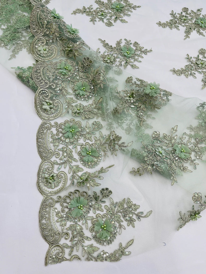 3D Floral Fabric with Floral Border - Sage Green - Embroidered Floral Fabric with Sequin and Beads By Yard