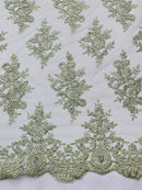Sage Green Floral Lace Fabric - by the yard - Corded Flower Embroidery Design With Sequins on a Mesh