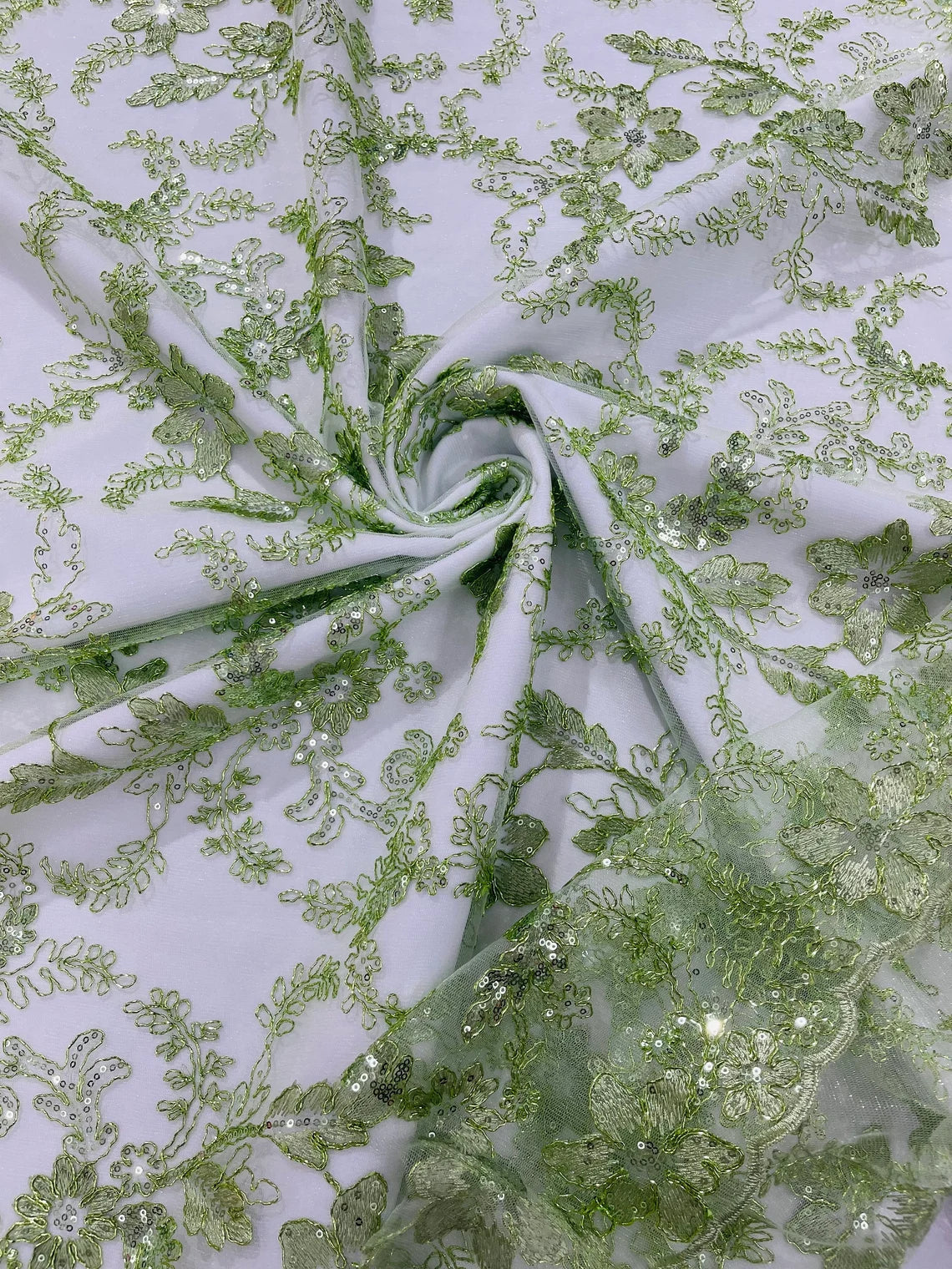 Floral Metallic Lace Fabric - Sage Green - Corded Embroidered Floral Sequins Fabric by Yard