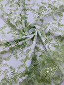 Floral Metallic Lace Fabric - Sage Green - Corded Embroidered Floral Sequins Fabric by Yard
