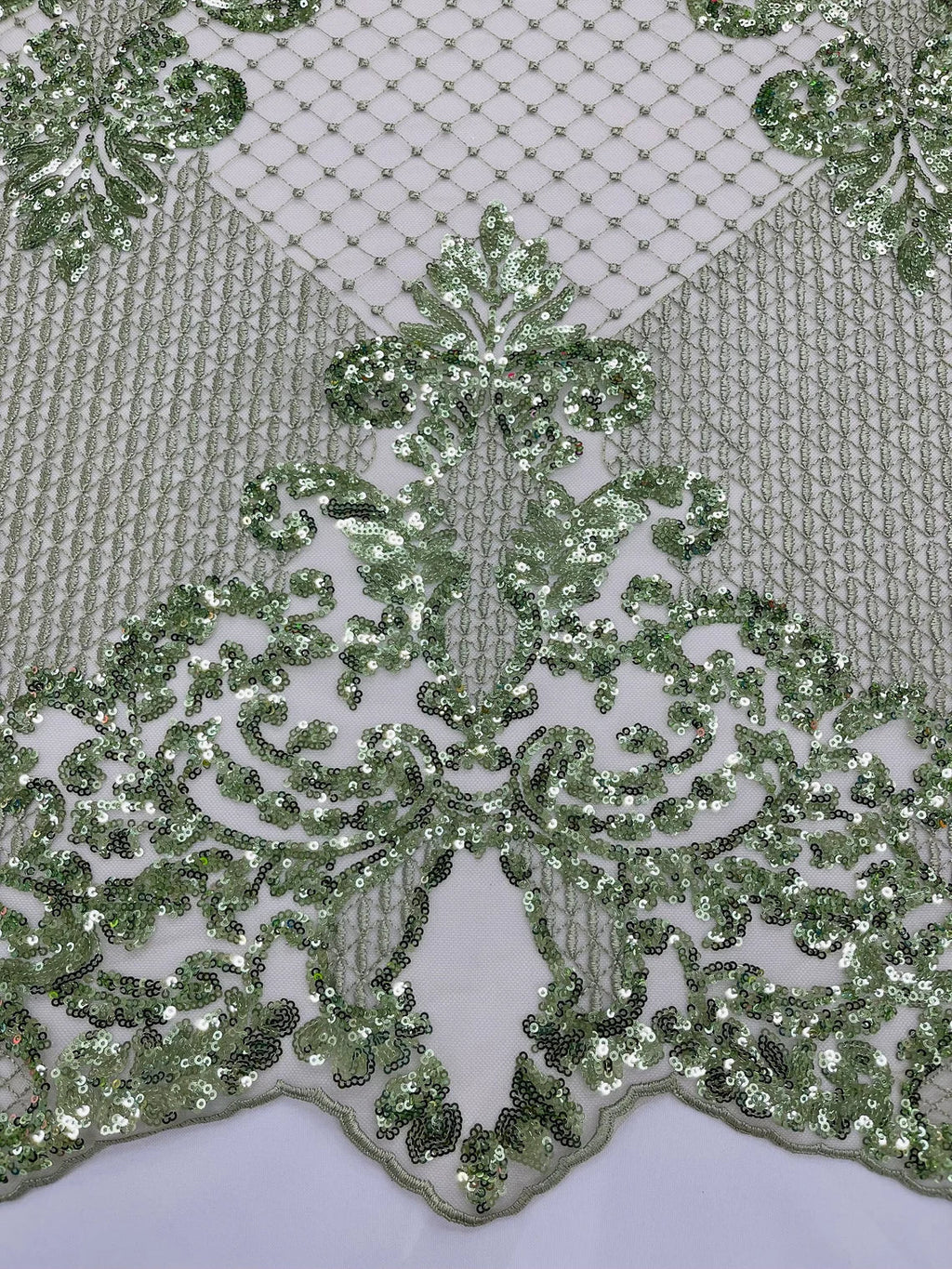 King Damask Design Fabric - Sage Green - Embroidered Corded Mesh Lace Fabric with Sequins By Yard