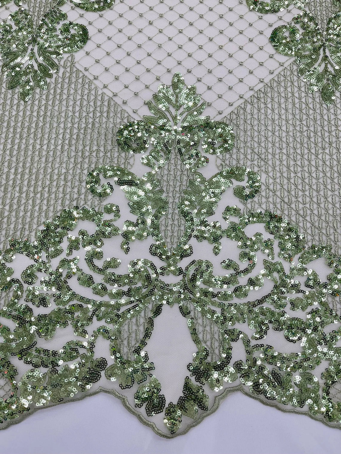 King Damask Design Fabric - Sage Green - Embroidered Corded Mesh Lace Fabric with Sequins By Yard