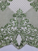 King Damask Design Fabric - Sage Green - Embroidered Corded Mesh Lace Fabric with Sequins By Yard