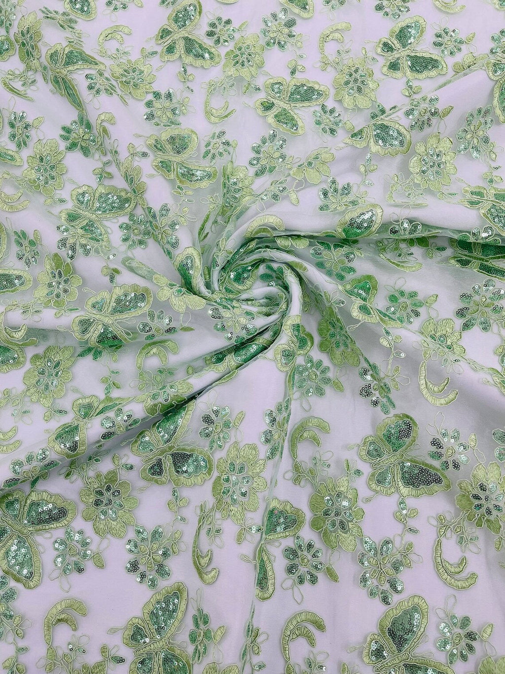Butterfly Sequins Fabric - Sage Green - Metallic Floral Butterfly Design on Lace Fabric By Yard