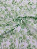 Butterfly Sequins Fabric - Sage Green - Metallic Floral Butterfly Design on Lace Fabric By Yard
