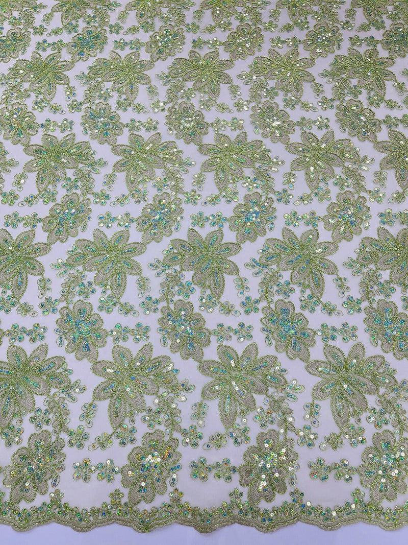 Corded Lace Floral Fabric - Sage Green - Hologram Sequins Metallic Thread Floral Fabric by Yard