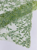 Metallic Thread Leaf Design - Sage Green - Embroidered Leaf With Sequins Design on Mesh Lace Fabric by the Yard