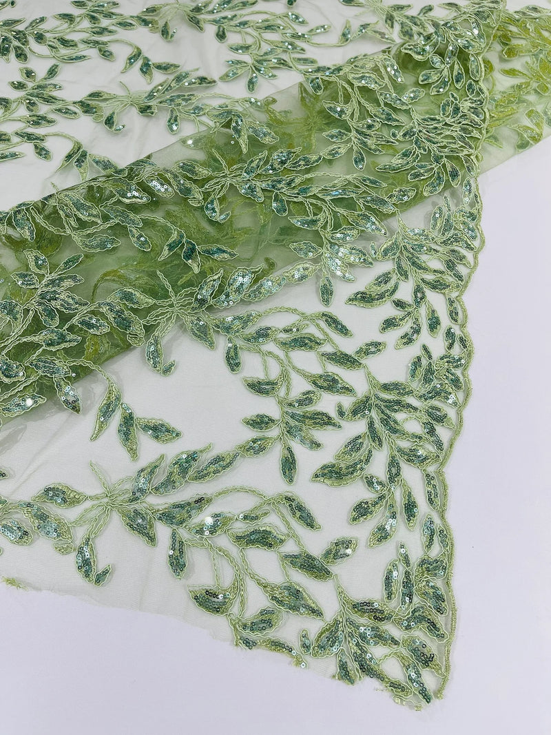 Metallic Thread Leaf Design - Sage Green - Embroidered Leaf With Sequi