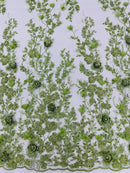 3D Flower Rhinestone Design - Sage Green - Embroidered Flower Sequins Lace Fabric By Yard