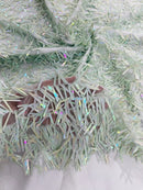 Sword Large Shiny Sequins - Sage Green - Hanging Iridescent Sequins On Lace Fabric By Yard