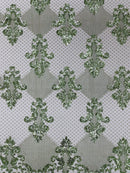 King Damask Design Fabric - Sage Green - Embroidered Corded Mesh Lace Fabric with Sequins By Yard