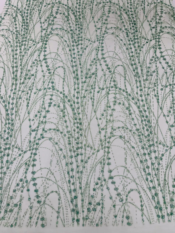 Tulle Glitter Fancy Line Fabric - Sage Green - Tulle Fabric with Sparkle Glitter Design Sold By Yard