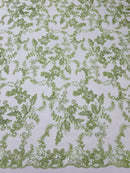 Floral Metallic Lace Fabric - Sage Green - Corded Embroidered Floral Sequins Fabric by Yard