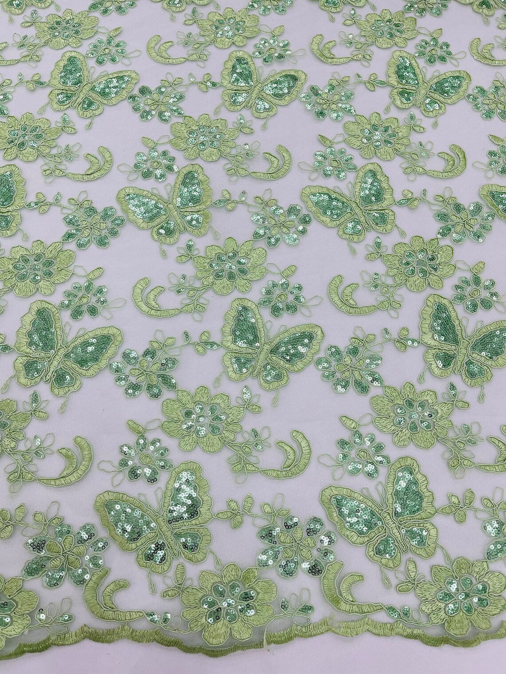 Butterfly Sequins Fabric - Sage Green - Metallic Floral Butterfly Design on Lace Fabric By Yard