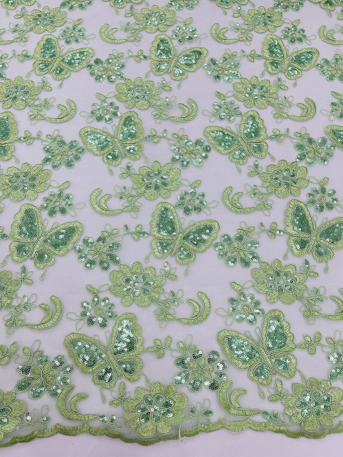 Butterfly Sequins Fabric - Sage Green - Metallic Floral Butterfly Design on Lace Fabric By Yard