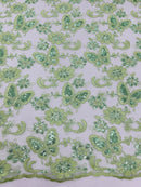Butterfly Sequins Fabric - Sage Green - Metallic Floral Butterfly Design on Lace Fabric By Yard