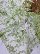 Floral Metallic Lace Fabric - Sage Green - Corded Embroidered Floral Sequins Fabric by Yard