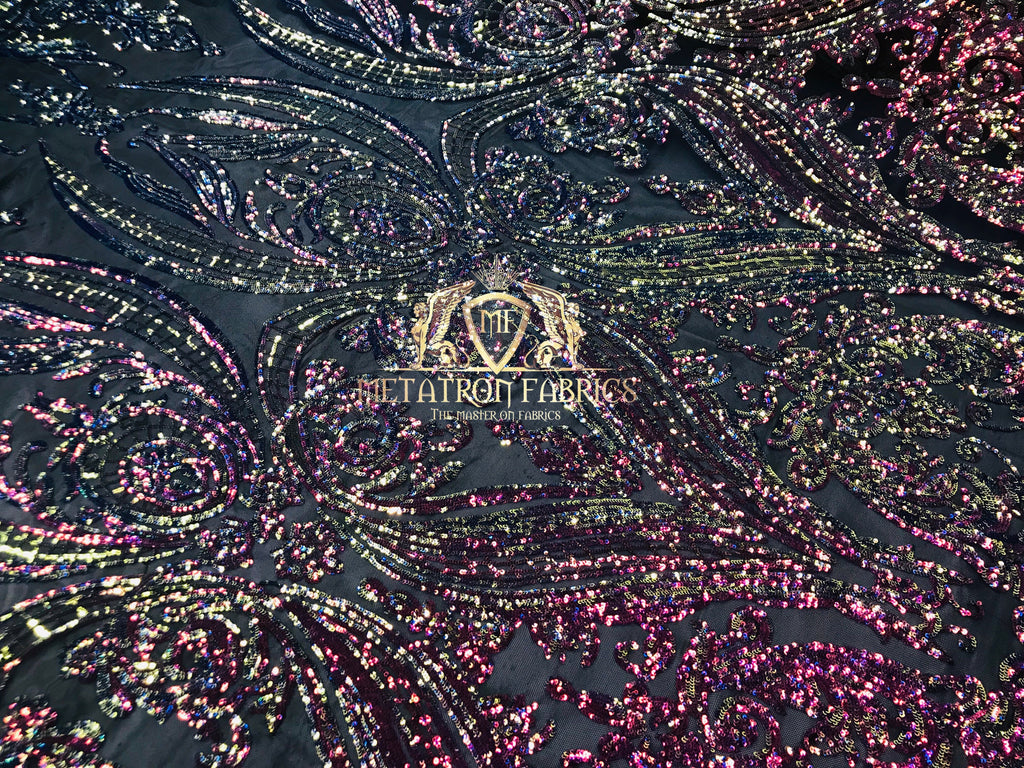 Iridescent - Rainbow - Sequins 4 Way Stretch Fabric Embroidered On Mesh Sold By The Yard